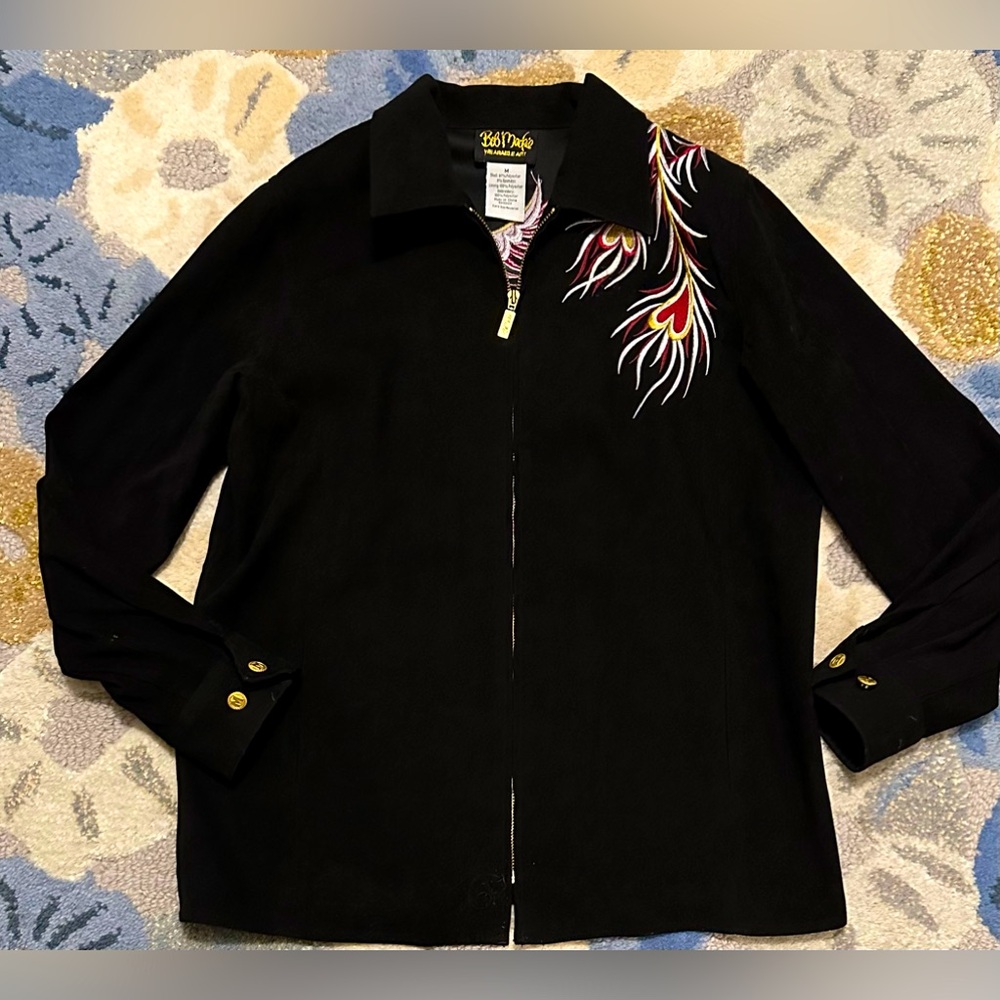 Bob Mackie Over the Shoulder Embroidered Phoenix Zipped Black Jacket - Picture 4 of 5